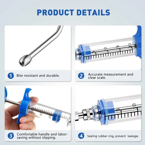 Vista 3 de 2 Piezas Jeringa con 2 Boquillas de Empapado 20ml Dosis Ajustable Jeringa Reutilizable de Empapado para Ovejas, Cabras (Azul)