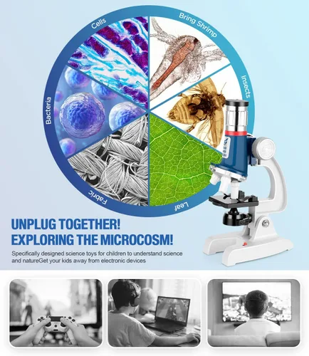 Vista 3 de Kit de microscopio para niños de 58 piezas, aumento de 100X-1200X, cuerpo de metal, luz LED, caja de transporte, juguete de experimento científico
