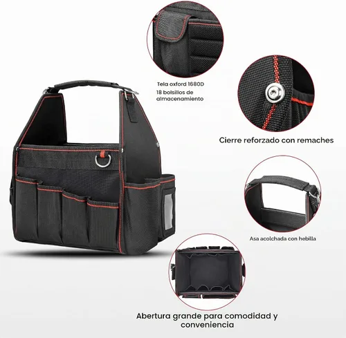 Vista 2 de Bolsa de herramientas Hautmec Tool Tote Pro para electricista, bolsa de herramientas de 18 bolsillos, parte superior abierta, con correa de hombro