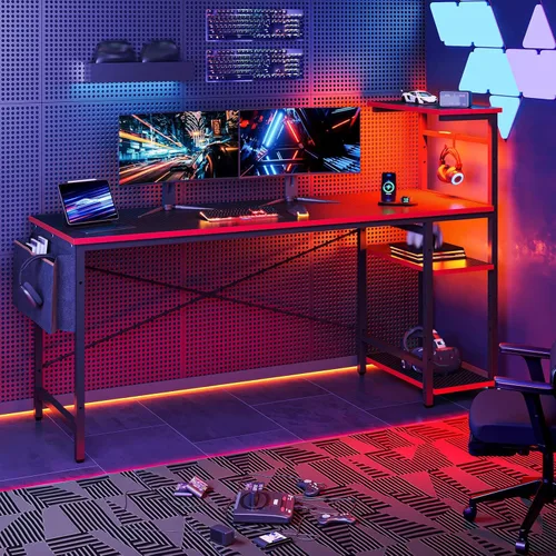 Vista 88 de Bestier Escritorio para juegos con tomas de corriente, escritorio LED grande de 61 pulgadas con estantes reversibles de 4 niveles, mesa