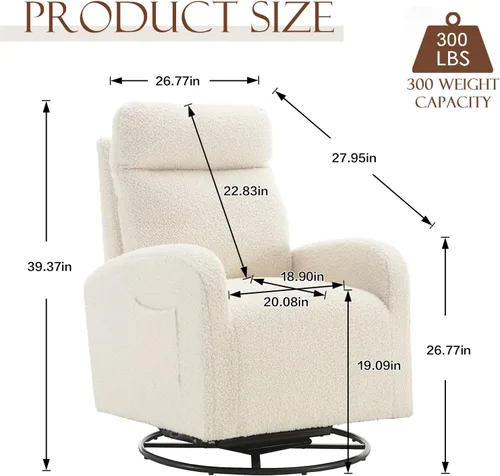 Vista 10 de KINFFICT Silla giratoria moderna, mecedora tapizada para el cuarto del bebé, cómoda silla mecedora con respaldo alto con bolsillo lateral y Gris