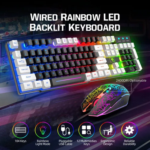Vista 2 de Teclado y mouse y mouse con cable y auriculares para juegos, teclado retroiluminado LED arcoíris, auriculares sobre la oreja con micrófono, mouse