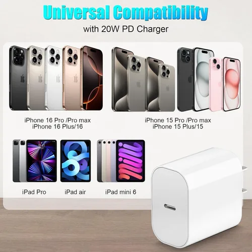 Vista 3 de Carga rápida para iPhone 17 y 16, paquete de 20 W, bloque de carga USB C de Apple con cable de carga USB C a C de 6 pies para iPhone 17 Pro max/17