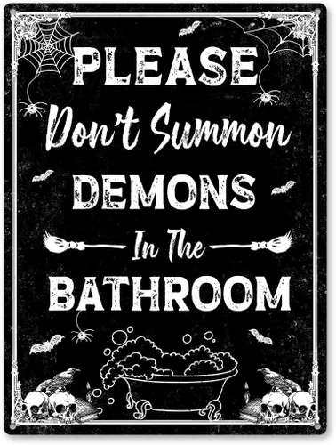 Vista 8 de Letrero de metal para baño de bruja, letrero de humor oscuro con texto "No Soliciting", espeluznante decoración del hogar, de aluminio, libre