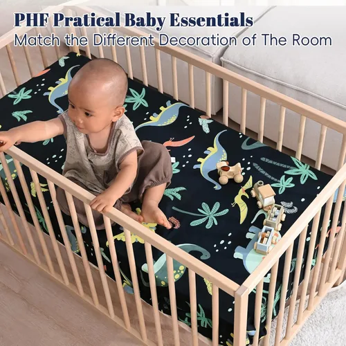 Vista 3 de PHF Paquete de 4 sábanas suaves de dinosaurio para cuna, cómodas sábanas transpirables para niños y niñas, 28 x 52 pulgadas, se adapta a colchones