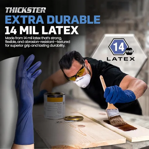 Vista 5 de Guantes desechables de látex en polvo libre de grado de examen Thickster. Tamaño mediano. Azul, 14 mil de grosor, 30 cm de longitud. Totalmente