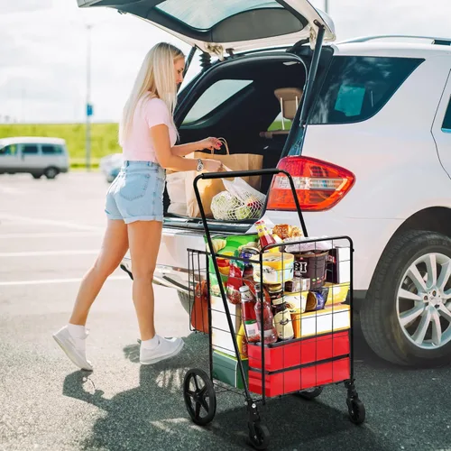 Vista 3 de YITAHOME Carrito de compras plegable con ruedas, carrito de comestibles rodante plegable con cesta trasera versátil, carrito utilitario plegable
