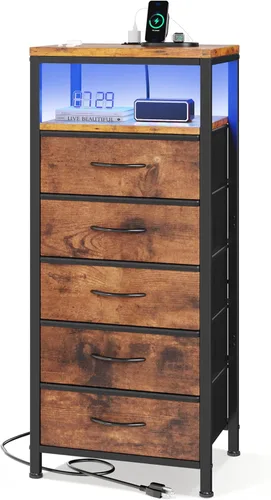 Vista 13 de Sweetcrispy Nightstand with Charging Station, Bedside End Table with 3 Fabric Drawers, USB & Type-C Ports with AC Outlets, Adjustable Feet &