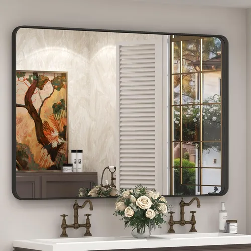 Vista 44 de Espejo rectangular para pared de baño de 20x30 pulgadas con marco negro mate, espejo de tocador con esquinas redondeadas, espejo de baño de metal