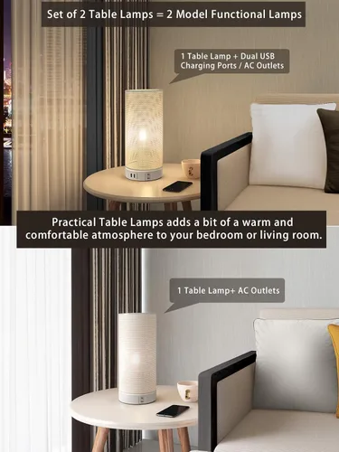 Vista 6 de Juego de 2 lámparas de mesa con control táctil, lámparas de mesita de noche regulables con puerto USB y salidas de CA, lámparas industriales