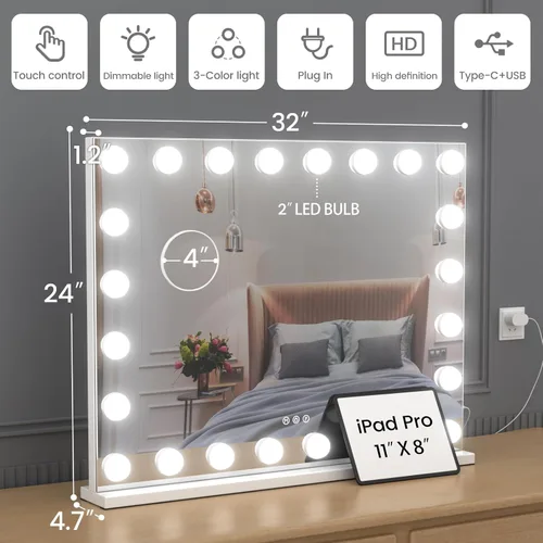 Vista 6 de Vanity Mirror with Lights, 32"x 24" Large Hollywood Vanity Mirror with Detachable 10X Magnification & 24 Dimmable 3 Colors Modes LED Bulbs, Tabletop
