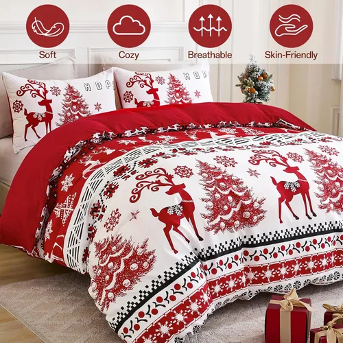 Vista 2 de WONGS BEDDING Juego de funda de edredón de Navidad tamaño individual, 2 piezas, estampado de copos de nieve y ciervos rojos, funda de edredón