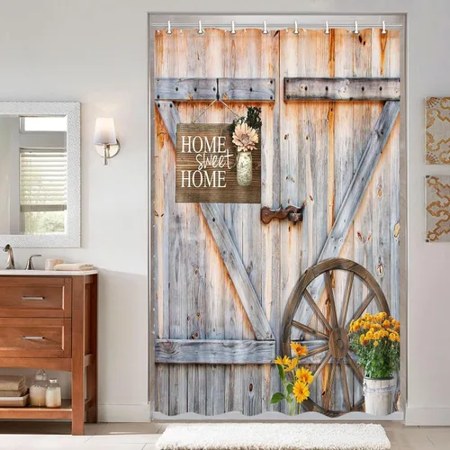 Vista 9 de Cortina de ducha de puerta de granero rústica de tamaño pequeño para baño, juegos de cortinas de decoración de baño de tablones de madera retro