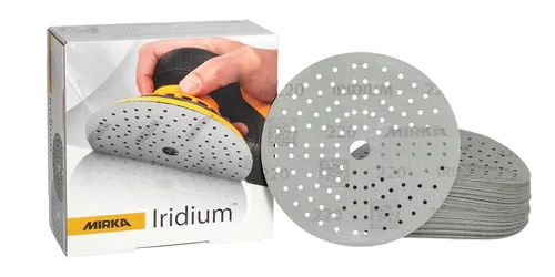 Vista 20 de Mirka Papel de lija Iridium Premium Ø 6 pulgadas Hook & Loop, grano 40, 50 piezas/para lijar pintura, masilla, imprimación, madera, acero