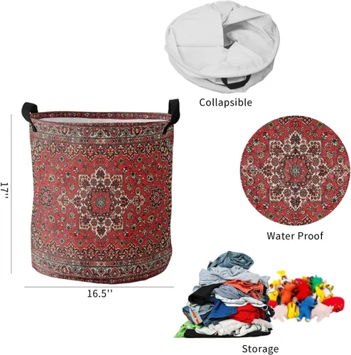 Vista 5 de Cesta de lavandería roja abstracta, bolsa plegable con asas de fácil transporte, gran impermeable, plegable, plegable, para almacenamiento, redonda
