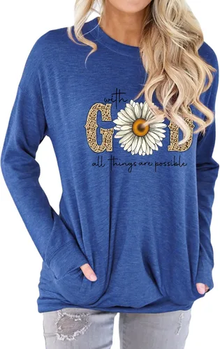 Vista 2 de OUNAR Camiseta de manga larga con estampado de leopardo con texto en inglés "With God All Things are Possible Faith Sayings