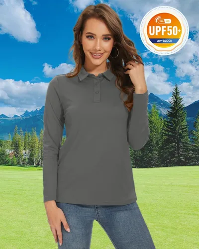 Vista 3 de TACVASEN Polo de manga larga para mujer, con protección solar UV, SPF para exteriores, manga larga, 3 botones, secado rápido, para golf