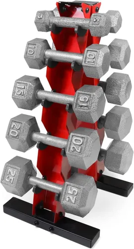 Vista 8 de WF Athletic Supply Juego de mancuernas de hierro fundido de 5 a 25 libras con estante de almacenamiento de marco, pesas libres hexagonales
