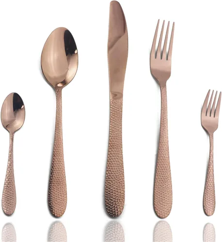 Vista 9 de JASHII Juego de cubiertos azul brillante para 4, juego de cubiertos martillados de 20 piezas, utensilios de cocina de acero inoxidable para cocina