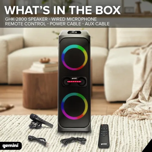 Vista 2 de Gemini Sound GHK-2800 - Altavoz de fiesta con refuerzo de graves, luces LED y efectos de cambio de voz, karaoke Bluetooth, incluye micrófono