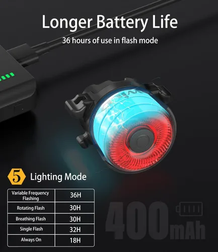 Vista 3 de TOWILD TL03 - Luz trasera para bicicleta, luces traseras de bicicleta con detección de freno inteligente, cable tipo C, impermeable, luces traseras