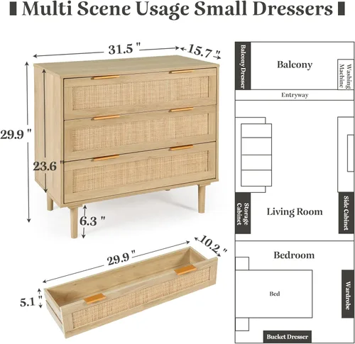Vista 2 de HOPUBUY Cómoda de 3 cajones para dormitorio, cómoda de armario moderna de ratán, cómoda de cajones de madera de roble para dormitorio de niños