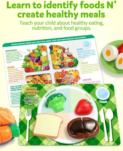 Vista 4 de Coogam Accesorios de Cocina de Comida de Simulación para Niños, Comida de Corte Falsa de Frutas, Carnes y Vegetales con Cesta de Almacenamiento