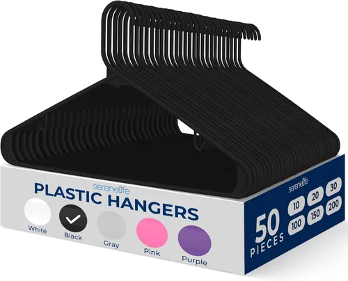 Vista 11 de SereneLife Paquete de 10 perchas de plástico negro, perchas para ropa con ganchos antideslizantes, resistentes, duraderas y ahorradoras de espacio