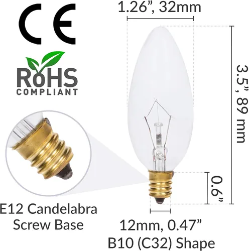 Vista 4 de Simba Lighting Candelabro Torpedo Clear B10 CTC 25W E12 Base (paquete de 12) Bombillas incandescentes decorativas 120V para candelabros, luces