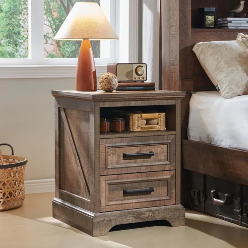 Vista 12 de ACCOHOHO mesita de noche de 18" estilo granja con estación de carga, mesa auxiliar con 2 cajones de almacenamiento, mesa de cabecera, mueble de Negro