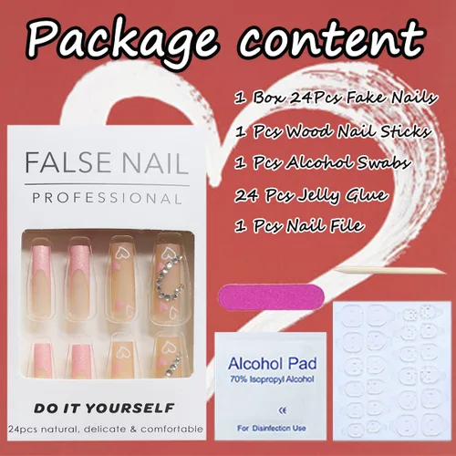 Vista 6 de Uñas postizas a presión con puntas francesas con purpurina, uñas postizas largas cuadradas, color rosa, cobertura completa, uñas postizas acrílicas