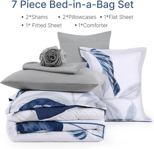 Vista 8 de WRENSONGE Juego de edredón Queen - Juego de ropa de cama suave de 7 piezas con hojas tropicales azules, cama costera en una bolsa, edredón estampado