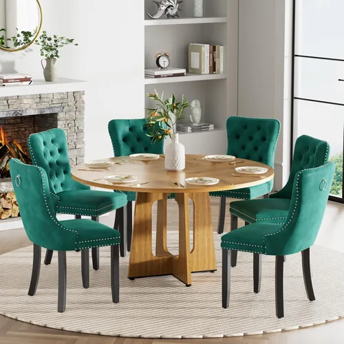 Vista 17 de Mesa de comedor redonda estilo granja para 6, mesa de cocina circular de 47" MDF con acabado de grano de madera, mesa de cocina y comedor de madera