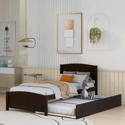 Harper & Bright Designs Base de cama individual, plataforma de madera con nido, cabecero, estribo y soporte de listones de madera (espresso con nido)