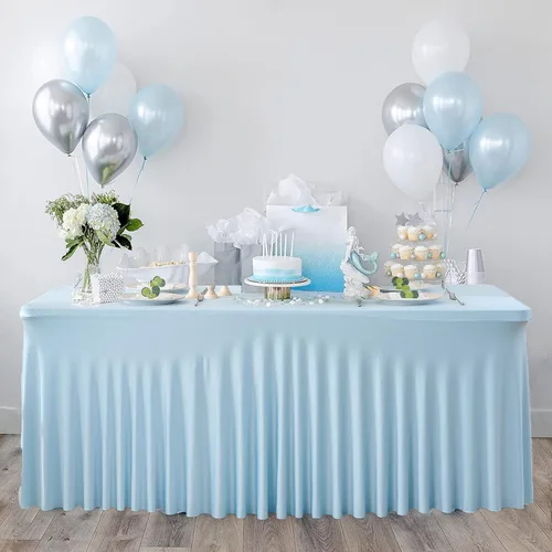 Vista 8 de Paquete de 2 manteles de elastano azul bebé para mesas rectangulares de 6 pies, manteles elásticos de 6 pies, falda de escritorio para fiestas