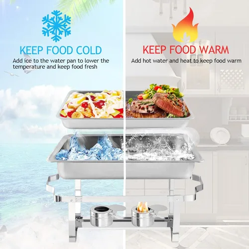 Vista 4 de Juego de Bandejas Calentadoras (Chafing Dish) para Buffet de 4 Piezas, Bandeja de Comida Rectangular Plegable de Acero Inoxidable de 8 Cuartos