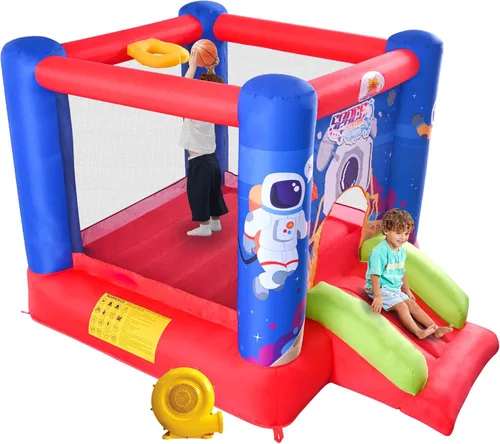Vista 9 de WELLFUNTIME Casa de Rebote Inflable, Castillo Hinchable con Tobogán y Soplador, Casa de Salto para Niños con Aro de Baloncesto, Castillo Hinchable