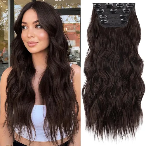 Vista 54 de KooKaStyle Extensiones de cabello sintético con pinzas, largo, ondulado, grueso, balayage, marrón chocolate a rubio caramelo, fibra 10H26