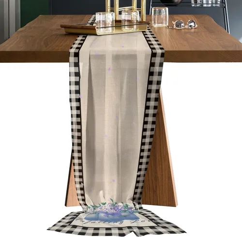 Double Love Flower Black Plaid Chiffon Table Runner 55 Inches Long, Voile Sheer Tulle Runner for Rustic Wedding Reception Bridal Shower Decorations