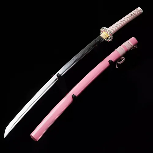 Vista 5 de Espada Yu Qin, Katana de espiga completa de 41 pulgadas, acero al carbono japonés T10 hecho a mano templado con arcilla con vaina rosa, hamon real
