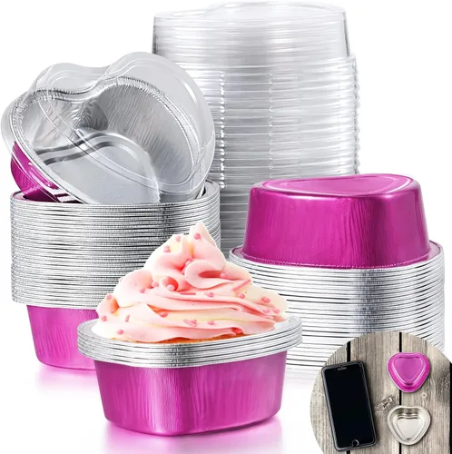 Vista 4 de Patelai 80 juegos de moldes para pasteles en forma de corazón con tapas, mini sartén de papel de aluminio de 1.9 fl oz/1.86 onzas líquidas/1.86