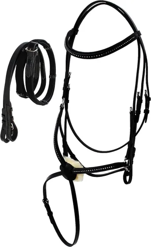 CHALLENGER Caballo Inglés Figura Ocho Cuero Negro Salto Cazador Brida Riendas 805EB05BK-F