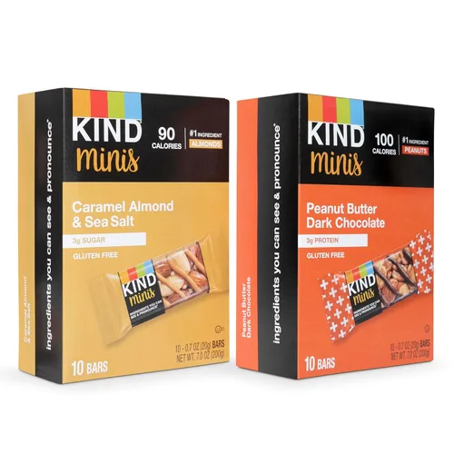 Kind Minis, paquete variado. Contiene 1 mantequilla de maní chocolate oscuro ‎chocolate y 1 caramelo de almendras y sal marina, bajo en calorías,