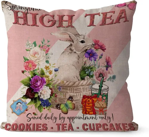 Vista 9 de Fundas de almohada vintage de conejo de Pascua, flores de primavera, huevos de Pascua, Navidad, 16 x 16 pulgadas, funda de almohada de lino