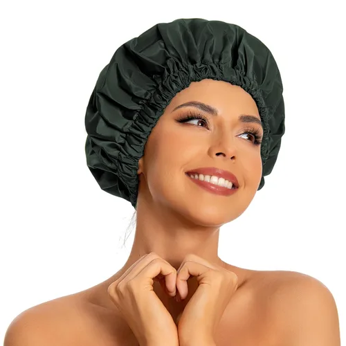 Vista 13 de Gorro de ducha reutilizable para mujer, grande, impermeable, lavable, banda elástica, accesorios de baño, sombrero para cabello largo, trenzas Beige