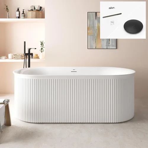 Vista 45 de FerdY Bañera independiente de acrílico Bali de 47 pulgadas, bañera independiente con forma elegante, certificado cUPC, drenaje dorado cepillado