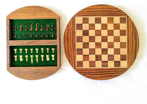 Vista 4 de Acecrafts Handmade Round Chess Board Set of Indian Rosewood Magnetic 32 Pieces Portable Book Style Design Chess Set with Storage Anti-Scratching