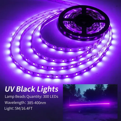 Vista 2 de Tira de luces LED de 12 V 16.4 pies, luz ultravioleta ultravioleta negra, luces de pesca nocturna, 5050 LED impermeable, tira LED UV con cable