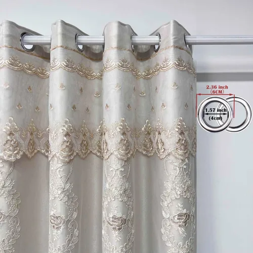 Vista 6 de Cortinas de oscurecimiento de habitación de doble capa con superposición transparente bordada para dormitorio, cortinas con ojales, cenefa adjunta