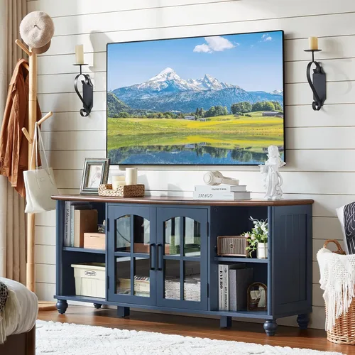Vista 7 de RWYHG Soporte de TV estilo granja para TV de 60 pulgadas, centro de entretenimiento de madera con estantes ajustables y gabinete de almacenamiento